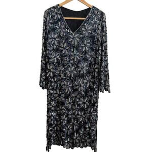 80s VINTAGE | Iridescent Black Sequined Beaded Floral V Neck Sheath Dress Large